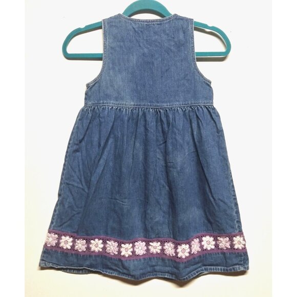 VTG Denim Dress Jumper Girls Sz L crochet floral lace button front fit flare EUC - Picture 3 of 12